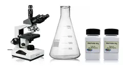 Equipos de laboratorio escolar: vidriería, soportería, microscopios, balanzas, reactivos, modelos anatómicos.