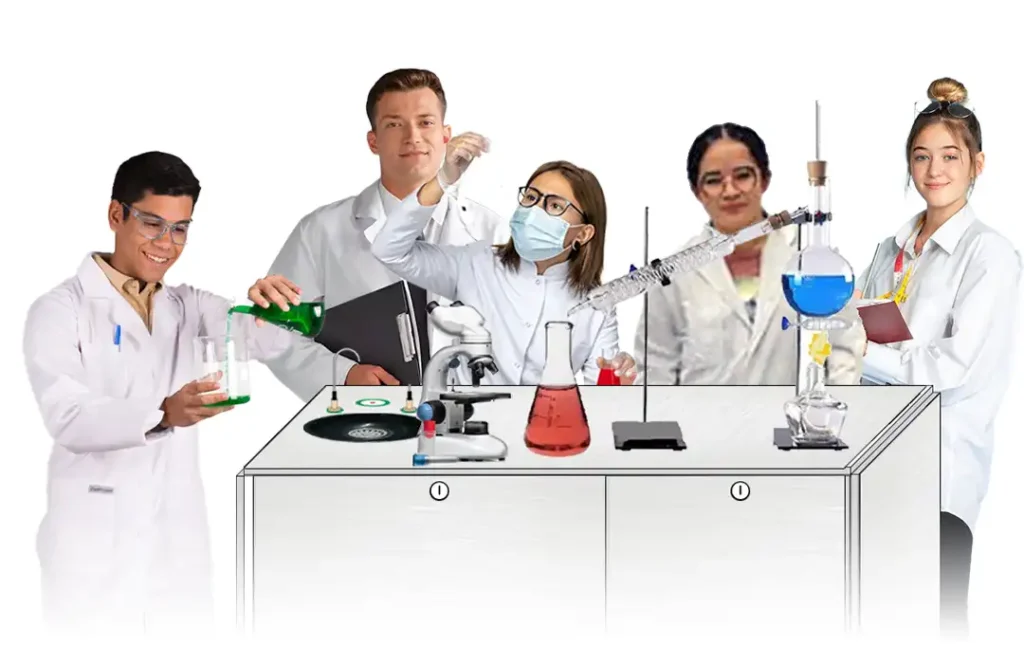 Profesora experimentando con niña en el laboratorio portátil de ciencias