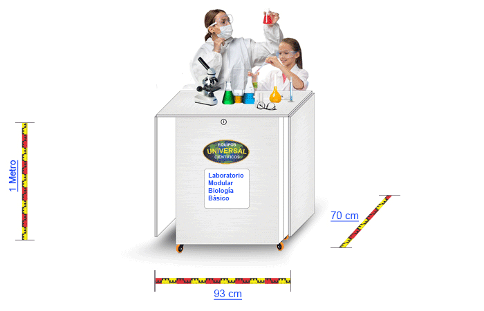 Equipamiento completo para un laboratorio de biología básica escolar, mostrando diversos instrumentos como microscopios, portaobjetos, modelos anatómicos y materiales de vidrio sobre una mesa de trabajo.