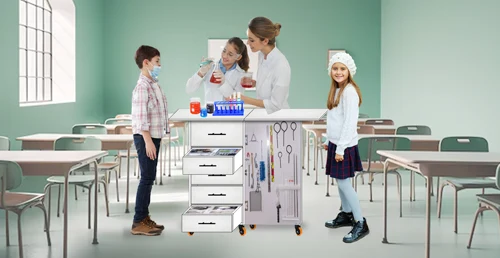 Laboratorio portátil juvenil abierto sobre una mesa, mostrando diversos instrumentos científicos y materiales.