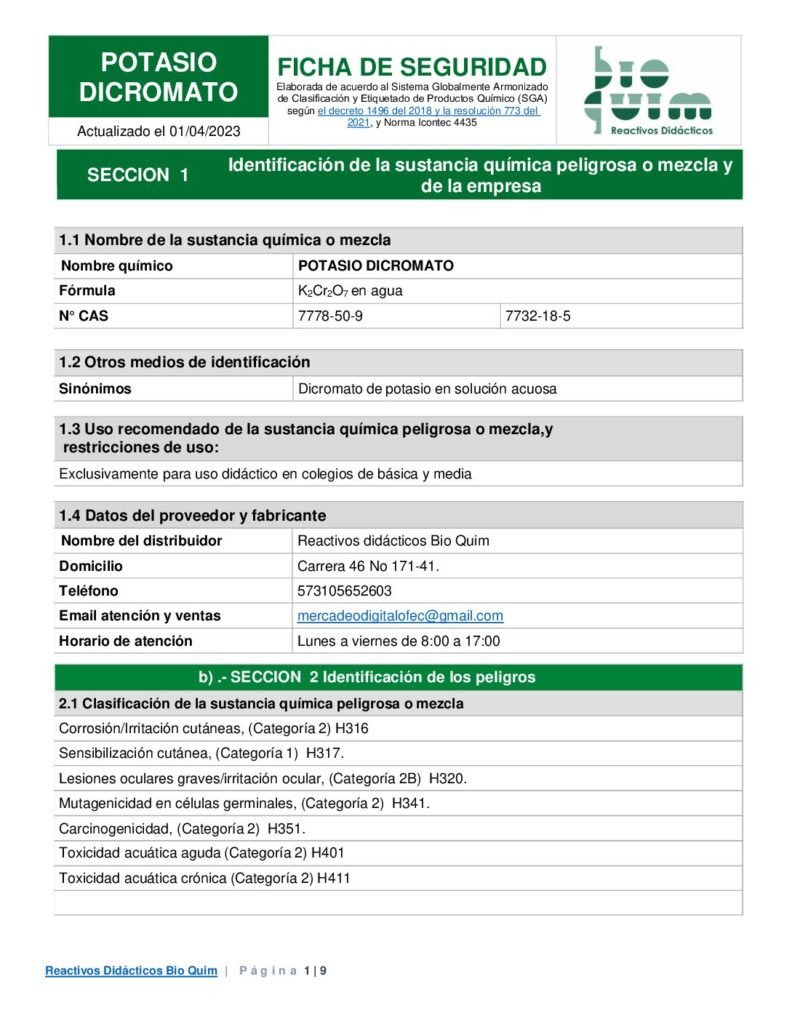 thumbnail of DICROMATO DE POTASIO Solución 0.1N