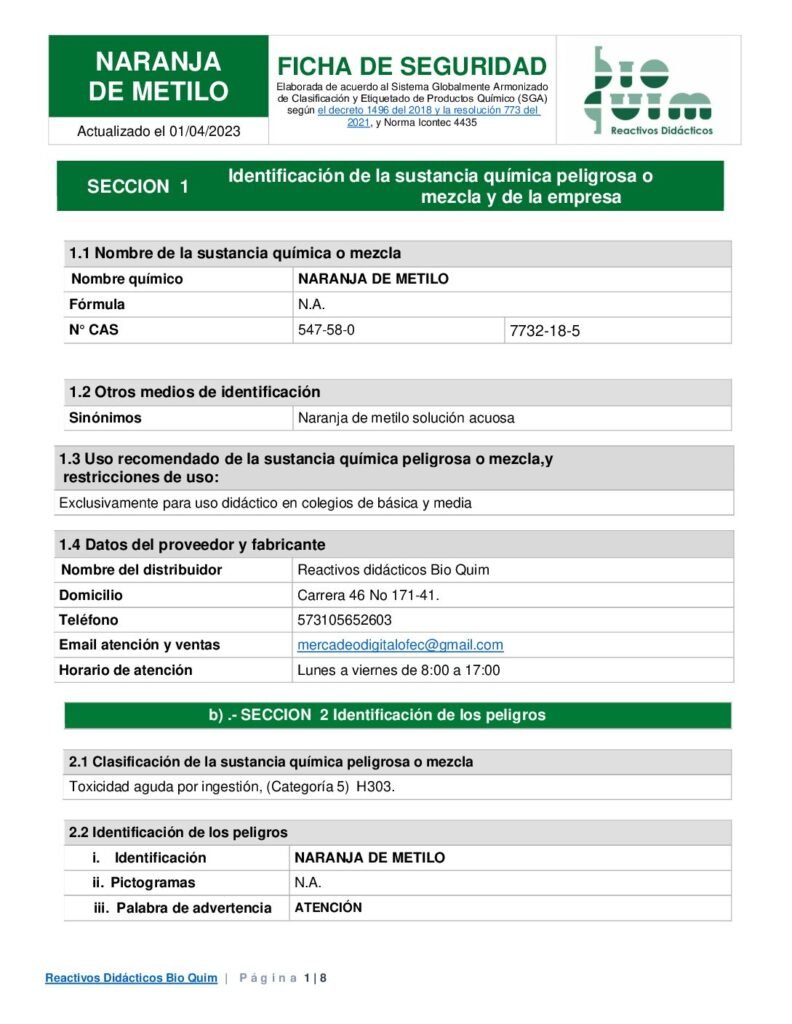 thumbnail of NARANJA DE METILO Solución al 0.1